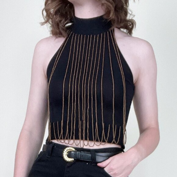 Vintage Silk Beaded Kit Crop Top Halter Blouse Shirt Sexy Going Out Club 90s Y2K - Picture 1 of 8